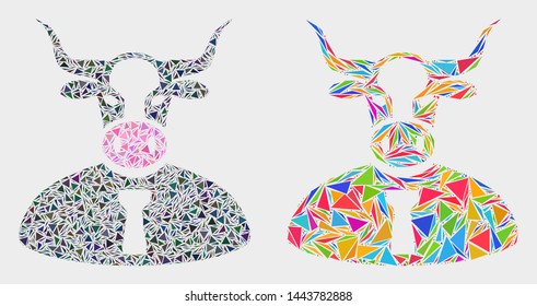 Cow boss mosaic icon of triangle items which have different sizes and shapes and colors. Geometric abstract vector illustration of cow boss.
