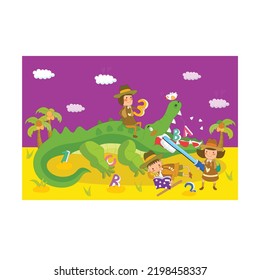 Cow boy children cleaning teeth of boys clean teeth of crocodile