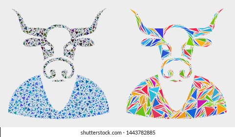 Cow boy collage icon of triangle elements which have various sizes and shapes and colors. Geometric abstract vector illustration of cow boy.