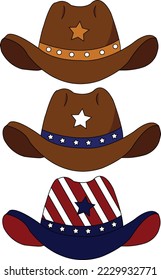 The Cow Boy Hats.This is a vector art .The hats have 3 variation designs include American flag design and retro color art works. svg