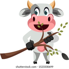 Cow with branch, illustration, vector on white background.