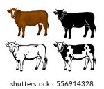 Cow in brown color, silhouette, contour and patched silhouette set