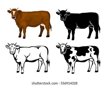 Cow in brown color, silhouette, contour and patched silhouette set