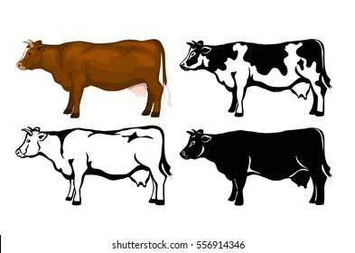 Cow in brown color, silhouette, contour and patched silhouette set