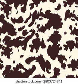 Cow brown seamless pattern. Vector detailed animal skin print, cute brown dalmatian spots on beige background. Natural spotted grunge texture for textile, fabric, wrapping paper, backdrop, decoration.