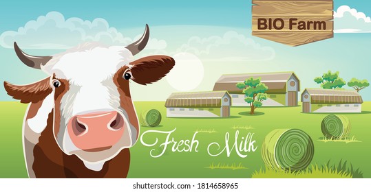 Cow with brown spots and a farm in background. Fresh bio milk. 3D mockup product placement. Vector