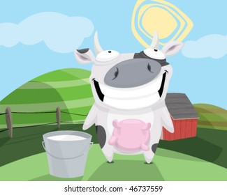 A cow with a bucket of milk.