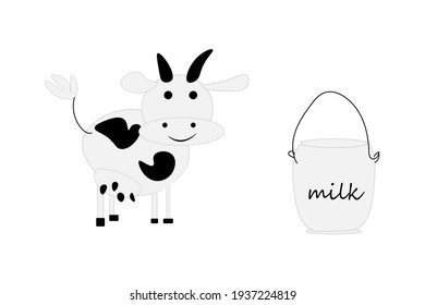 a cow and a bucket of milk.hand-drawn.vector illustration.print,coloring, booklet, logo, poster, textile.
