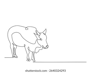 Cow or bufallo single outline illustration. Continuous line art drawing of cow for farming concept. Editable stroke.