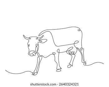 Cow or bufallo single outline illustration. Continuous line art drawing of cow for farming concept. Editable stroke.