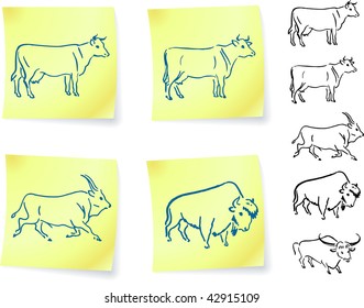cow buffalo and bison on post it notes original vector illustration 6 color versions included