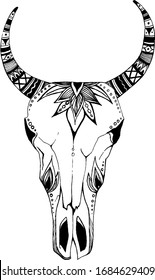 Cow, buffalo, bull skull in tribal style with flowers. Bohemian, boho vector illustration. Wild and free ethnic gypsy symbol.