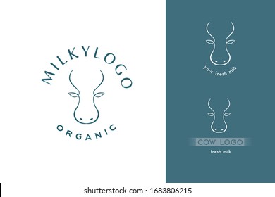 Cow or buffalo face line logotype for milk, butter or yogurt company. Children food and milk drinks logo. Farm natural ecological products