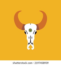 Cow or buffalo skull illustration. Cartoon hand drawn skull vector illustration isolated on yellow background. Wild west. Ram head with horns. Santa Muerte Carnival. Occult witchcraft flat.