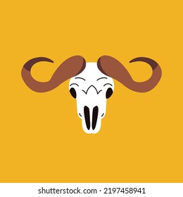 Cow or buffalo skull illustration. Cartoon hand drawn skull vector illustration isolated on yellow background. Wild west. Ram head with horns. Santa Muerte Carnival. Occult witchcraft flat.