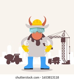 Cow builder engineer, funny cartoon character, construction site childish mascot, vector illustration. Industrial building project, urban construction crane. Cow in builder uniform, simple flat style