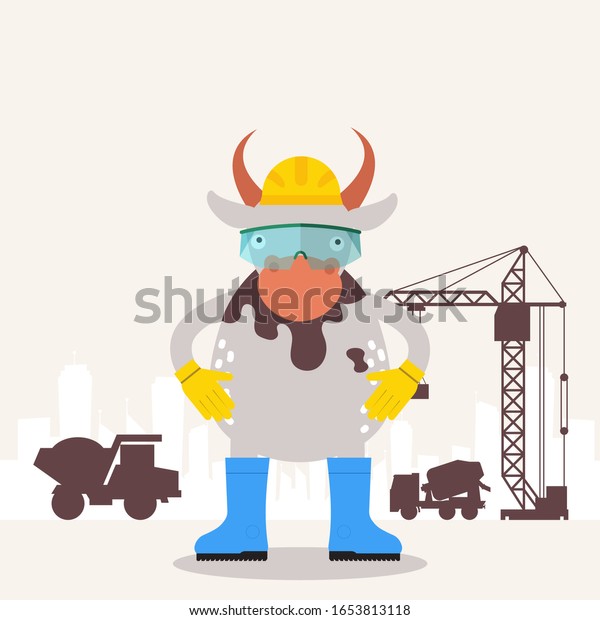 Cow builder engineer, funny cartoon character,\
construction site childish mascot, vector illustration. Industrial\
building project, urban construction crane. Cow in builder uniform,\
simple flat style