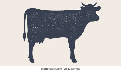 Cow, bull, beef. Hand drawn silhouette. Vintage retro print, black white cow, bull, beef sketch ink pencil drawing. Sketch artwork silhouette cow bull. Side view profile beef bull. Vector Illustration