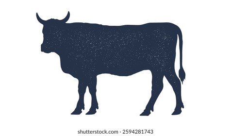 Cow, bull, beef. Hand drawn silhouette. Vintage retro print, black white cow, bull, beef sketch ink pencil drawing. Sketch artwork silhouette cow bull. Side view profile beef bull. Vector Illustration