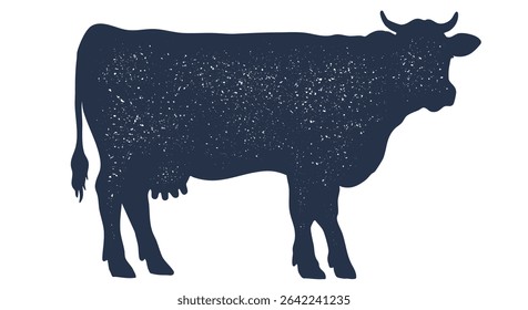 Cow, bull, beef. Hand drawn silhouette style. Vintage cow, black white pencil sketch drawing. Cow bull artwork sketch, beef bull side view profile, retro livestock graphic. Vector Illustration