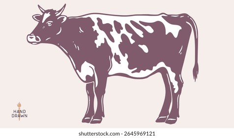 Vaca, touro, carne. Impressão retro vintage desenhada à mão, vaca branca preta, touro, desenho a lápis de tinta de esboço de carne, escola antiga engrave. Esboço arte silhueta vaca. Perfil de visão lateral touro. Ilustração de vetor