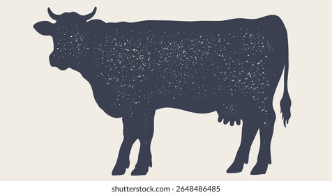 Cow, bull, beef. Hand drawn silhouette style. Vintage cow, black white pencil sketch drawing. Cow bull artwork sketch, beef bull side view profile, retro livestock graphic. Vector Illustration