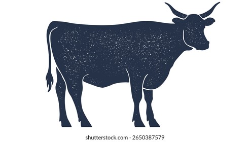 Vaca, touro, carne. Silhueta desenhada à mão. Vintage impressão retro, vaca branca preta, touro, carne esboço tinta lápis desenho. Desenho de arte silhueta vaca touro. Perfil de vista lateral touro de vaca. Ilustração de vetor