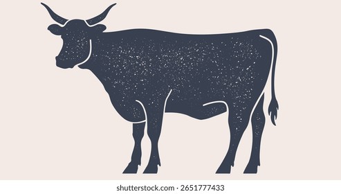 Vaca, touro, carne. Silhueta desenhada à mão. Vintage impressão retro, vaca branca preta, touro, carne esboço tinta lápis desenho. Desenho de arte silhueta vaca touro. Perfil de vista lateral touro de vaca. Ilustração de vetor
