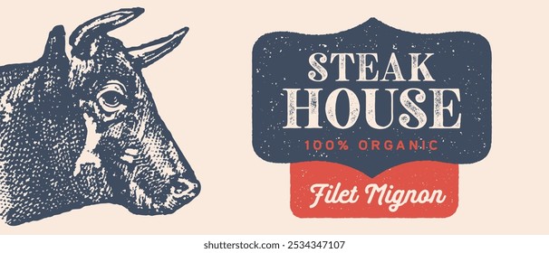 Cow, bull, beef head drawing set. Beef Steak, burger. Livestock, cattle illustration. Animal grazing, vintage retro print, vector art. Side view profile beef bull. Meat packaging label design.