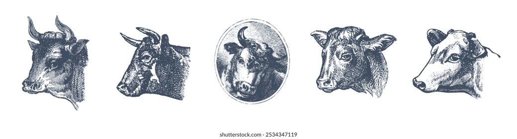 Vaca, touro, conjunto de desenho de cabeça de vaca. Bife, hambúrguer. Pecuária, ilustração de gado. Pasto animal, vintage impressão retro, arte vetorial. Design do rótulo da embalagem de carne.