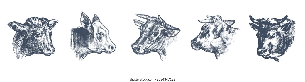 Vaca, touro, conjunto de desenho de cabeça de vaca. Bife, hambúrguer. Pecuária, ilustração de gado. Pasto animal, vintage impressão retro, arte vetorial. Design do rótulo da embalagem de carne.