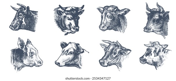 Vaca, touro, conjunto de desenho de cabeça de vaca. Bife, hambúrguer. Pecuária, ilustração de gado. Pasto animal, vintage impressão retro, arte vetorial. Design do rótulo da embalagem de carne.