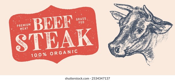 Cow, bull, beef head drawing set. Beef Steak, burger. Livestock, cattle illustration. Animal grazing, vintage retro print, vector art. Side view profile beef bull. Meat packaging label design.