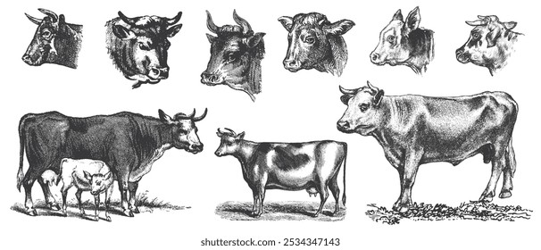 Vaca, touro, conjunto de desenho de cabeça de vaca. Bife, hambúrguer. Pecuária, ilustração de gado. Pasto animal, vintage impressão retro, arte vetorial. Design do rótulo da embalagem de carne.