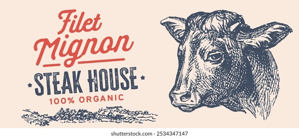 Vaca, touro, conjunto de desenho de cabeça de vaca. Bife, hambúrguer. Pecuária, ilustração de gado. Pasto animal, vintage impressão retro, arte vetorial. Design do rótulo da embalagem de carne.