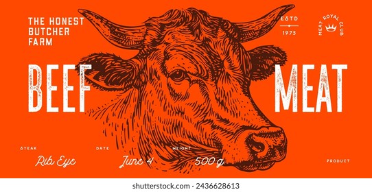 Cow, bull, beef head, meat tag label. Template Meat Tag Label. Vintage print, tag, label pig sketch ink pencil drawing. Butchery cow, bull, beef head meat shop, text, typography. Vector Illustration