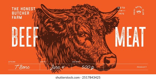 Vaca, touro, cabeça de boi, etiqueta de carne. Rótulo da Marca de Carne do Modelo. Impressão vintage, etiqueta, etiqueta de porco esboço tinta lápis desenho. Carne de vaca, touro, carne, texto, tipografia. Ilustração de vetor