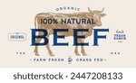 Cow, bull, beef meat, tag label. Template Meat Beef Tag Label. Vintage cow print, tag, label sketch ink pencil drawing. Butchery cow, bull, beef meat shop, text, typography. Vector Illustration