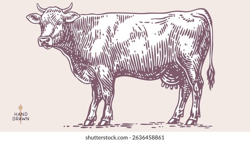 Cow, bull, beef. Retro style beef bull sketch, vintage cow drawing black white, old ink pencil artwork. Bull silhouette, side view cow profile, engraved beef print. Vector Illustration