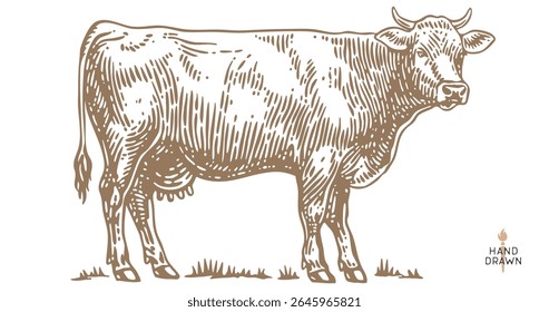 Cow, bull, beef. Retro style beef bull sketch, vintage cow drawing black white, old ink pencil artwork. Bull silhouette, side view cow profile, engraved beef print. Vector Illustration