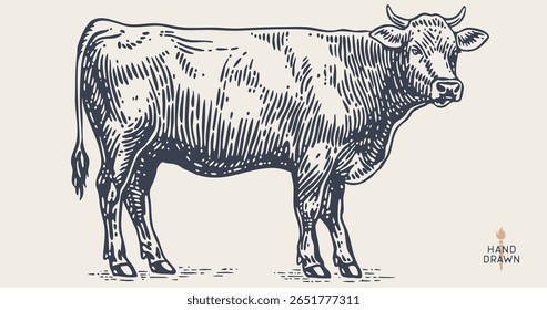 Vaca, touro, carne. Esboço de touro de carne estilo retro, vaca vintage desenho preto branco, tinta velha lápis arte. Silhueta de touro, vista lateral perfil da vaca, gravada impressão de carne. Ilustração de vetor