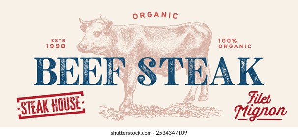 Cow, bull, beef set. Beef Steak, burger. Livestock, cattle illustration. Animal grazing, vintage retro print. Cow, Bull Vector illustration, Side view profile beef bull. Meat packaging label design.