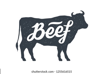 Cow, bull, beef. Vintage lettering, retro print, poster for Butchery meat shop, cow silhouette with lettering text Beef. Isolated black silhouette cow for meat business, meat shop. Vector Illustration