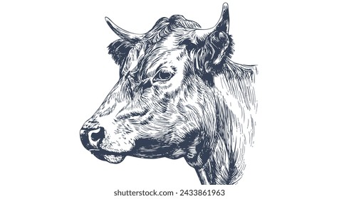 Kuh, Stier, Rindfleisch. Retro-Vintage-Druck, schwarze weiße Kuh, Stier, Rindskizze Tinte Bleistiftzeichnung, Gravur Old School. Skizze Kunstwerk Silhouette Kopfkuh. Seitenansicht Profil Beef Bull. Vektorgrafik