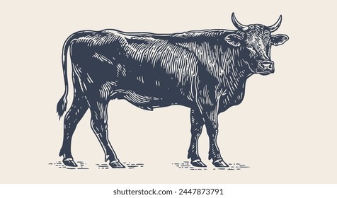 Cow, bull, beef. Vintage retro print, black white cow, bull, beef sketch ink pencil drawing, engrave old school. Sketch artwork silhouette cow bull. Side view profile beef bull. Vector Illustration