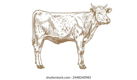 Cow, bull, beef. Vintage retro print, black white cow, bull, beef sketch ink pencil drawing, engrave old school. Sketch artwork silhouette cow bull. Side view profile beef bull. Vector Illustration