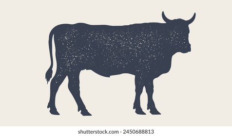 Cow, bull, beef. Vintage retro print, black white cow, bull, beef sketch ink pencil drawing, engrave old school. Sketch artwork silhouette cow bull. Side view profile beef bull. Vector Illustration