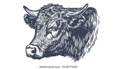 Cow, bull, beef. Vintage retro print, black white cow, bull, beef sketch ink pencil drawing, engrave old school. Sketch artwork silhouette head cow. Side view profile beef bull. Vector Illustration