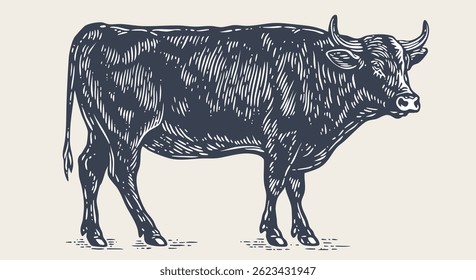 Cow, bull, beef. Vintage retro print, black white cow, bull, beef sketch ink pencil drawing, engrave old school. Sketch artwork silhouette head cow. Side view profile beef bull. Vector Illustration