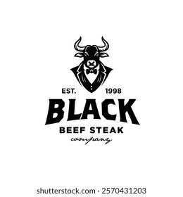 Cow Bull Buffalo With Tuxedo for Beef Cattle Farm Restaurant Ranch Livestock or Premium Quailty Meat or Butchery label logo design